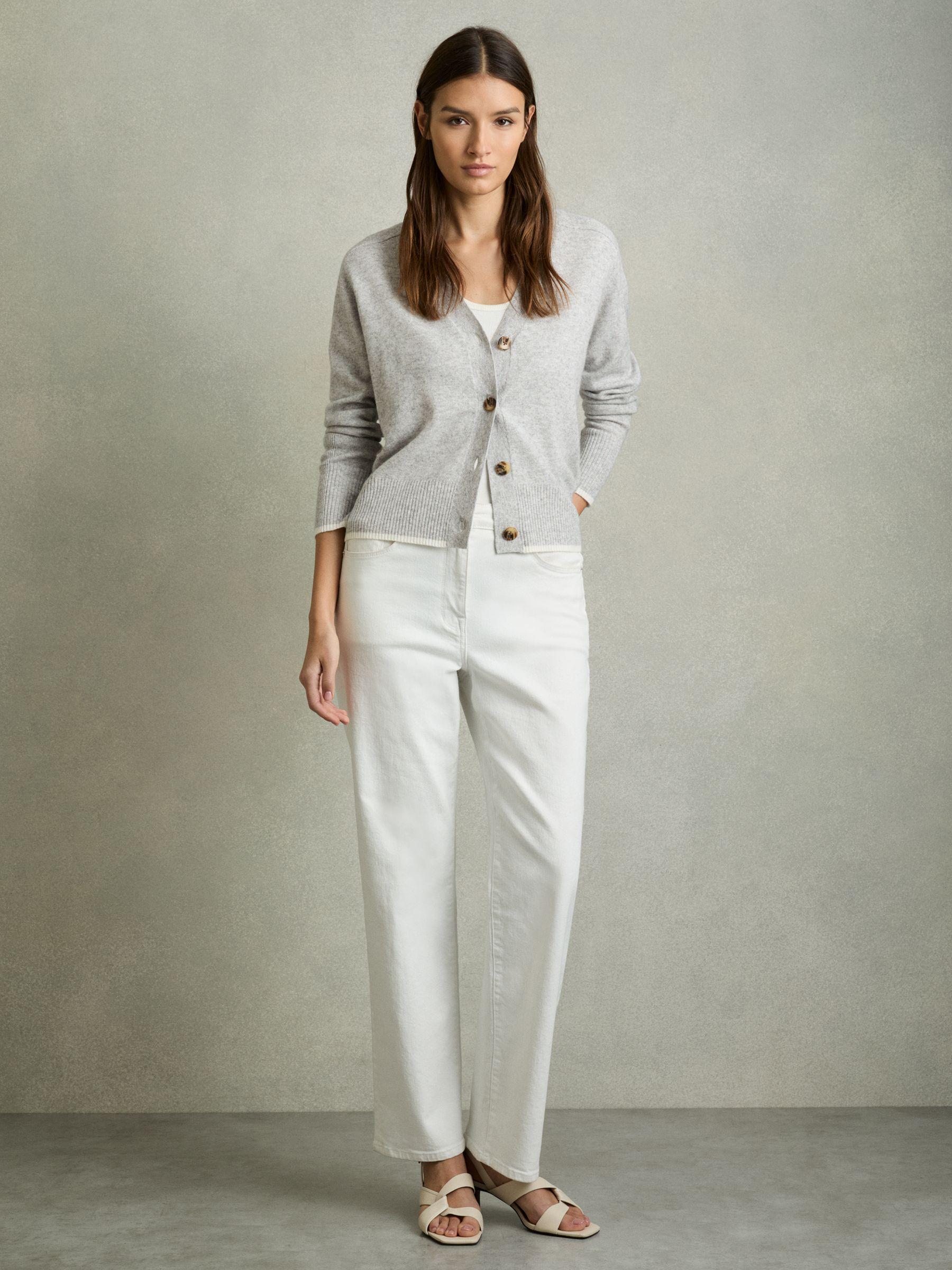 Tipped V-Neck Cardigan With Wool And Cashmere in Grey/Ivory Product Image