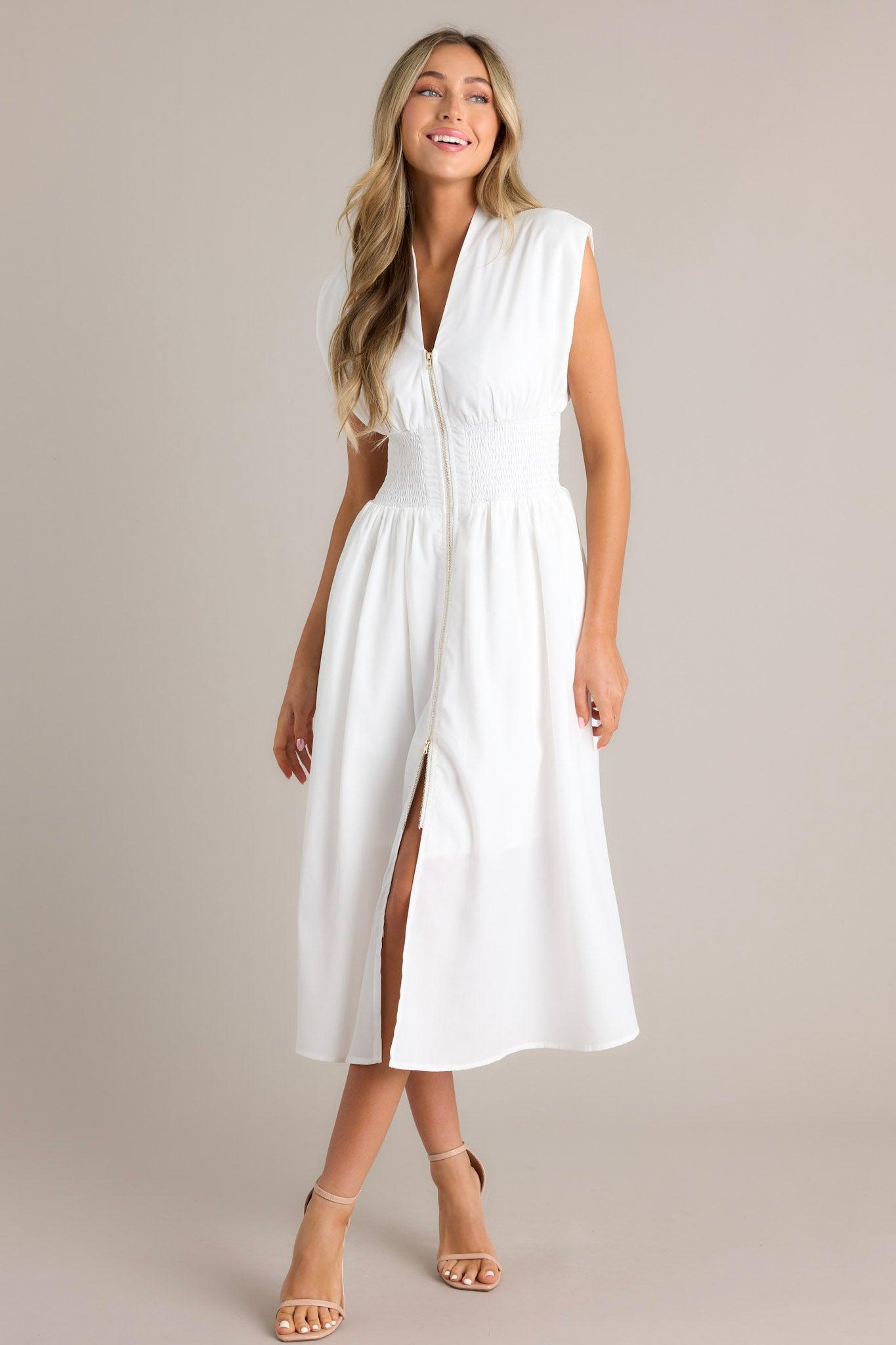 The Evette White Zip Front Midi Dress Product Image