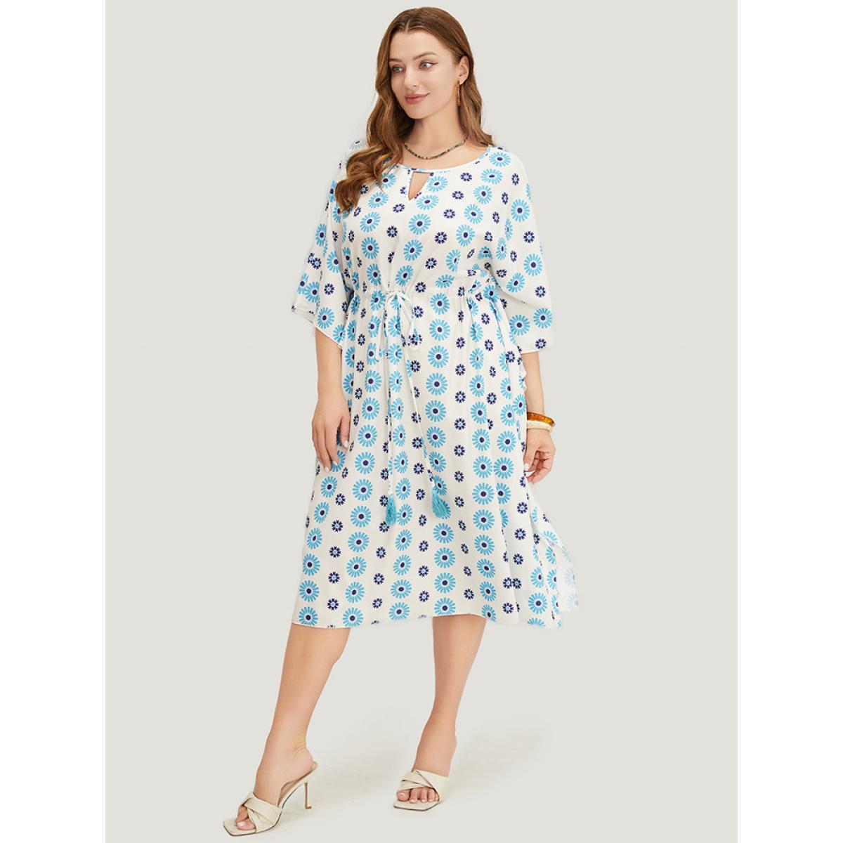 Plus Size Floral Batwing Sleeve Keyhole Knotted Neck Split Dress Cerulean Women Vacation Round Neck Half Sleeve Curvy Midi Dress BloomChic 18-20/2X Product Image
