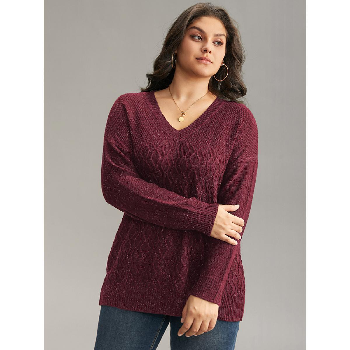 Plus Size Plain Sparkly V Neck Loose Pullover Scarlet Women Casual Long Sleeve V-neck Everyday Pullovers BloomChic 14-16/1X Product Image