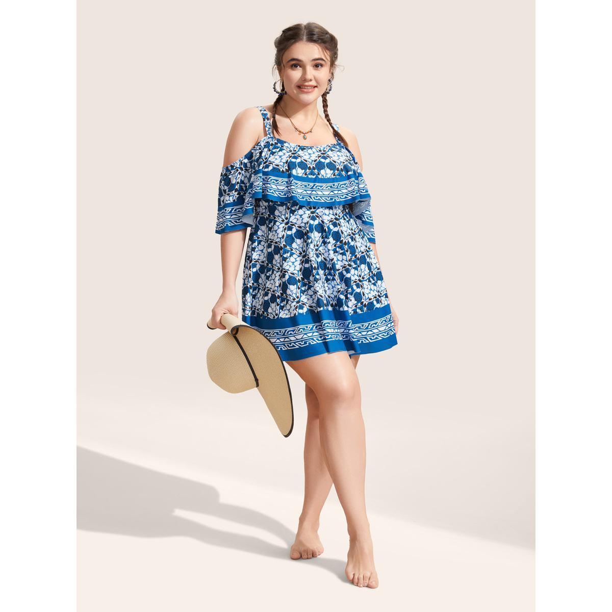 Plus Size Off Shoulder Boho Print Ruffle Trim Swim Dress Women's Swimwear Indigo Beach Bodycon One-shoulder neck High stretch Curve Swim Dresses BloomChic 28/5X Product Image