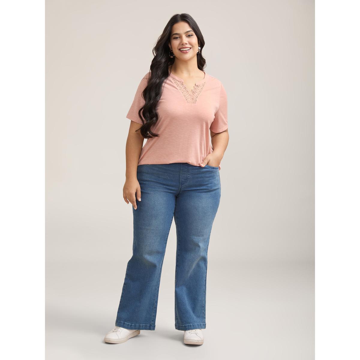 Plus Size Lace Detail Notched Collar Fitted T-Shirt Crepe Women Casual Patchwork Flat collar with V-notch Everyday T-shirts BloomChic 28/5X Product Image