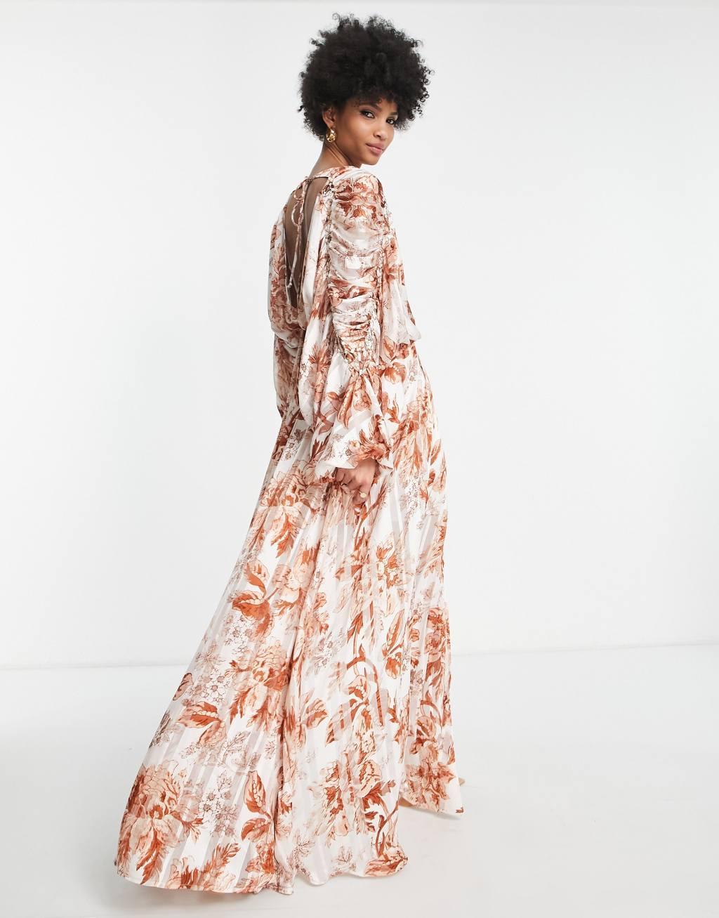 ASOS DESIGN Tall satin stripe blouson maxi dress with ring detail Product Image
