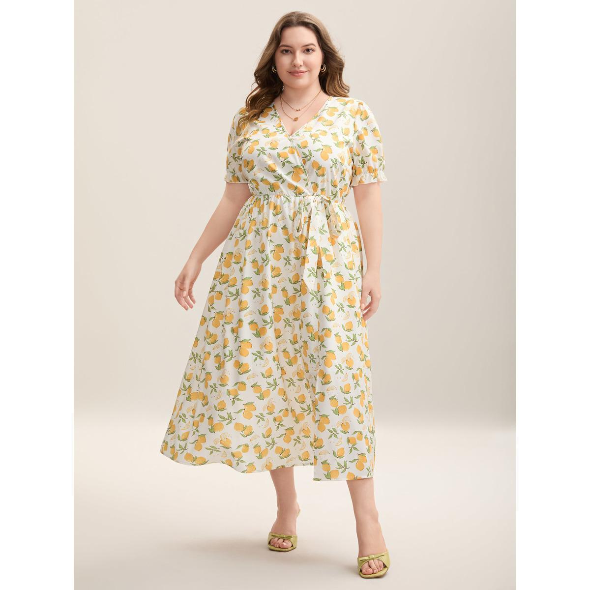 Plus Size Lemon Print Surplice Stretchy Waist Midi Dress Ivory Women Elegant Overlapping Overlap Collar Short sleeve Curvy BloomChic 18-20/2X Product Image