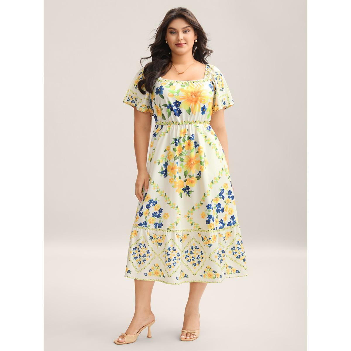 Plus Size Floral Fun Print Stretchy Waist Midi Dress Ivory Women Square Neck Short sleeve Curvy BloomChic 12/L Product Image