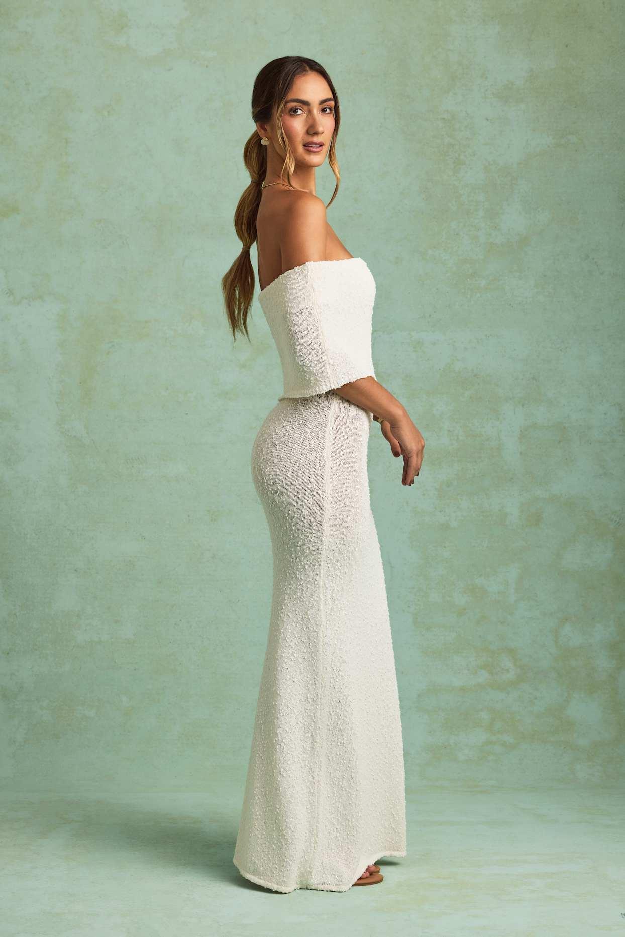 Bouclé Off-Shoulder Maxi Dress in White Product Image
