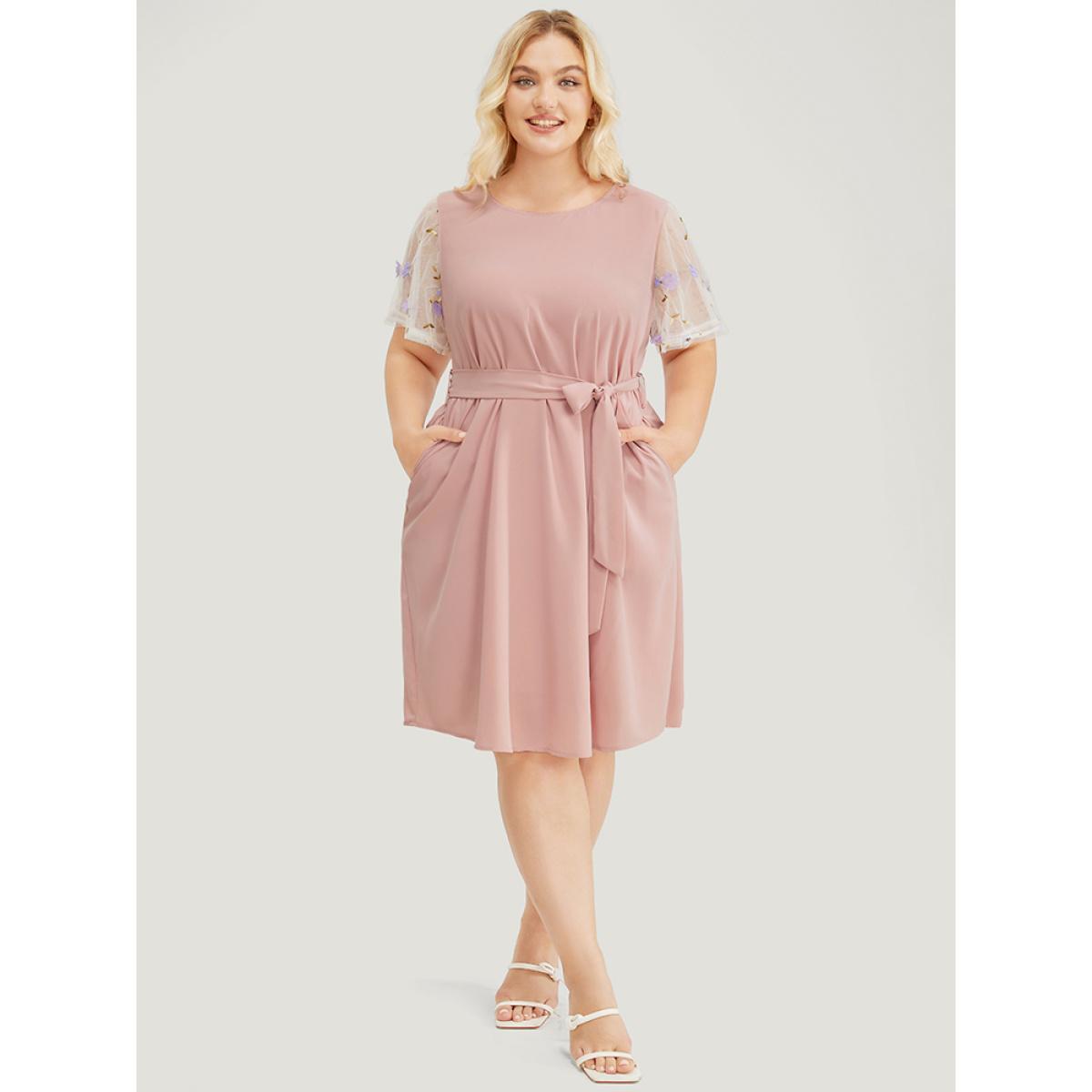 Plus Size Floral Mesh Sleeve Flutter Pocket Belt Knee Dress MistyRose Women Elegant Belted Round Neck Short sleeve Curvy Knee Dress BloomChic 30/6X Product Image