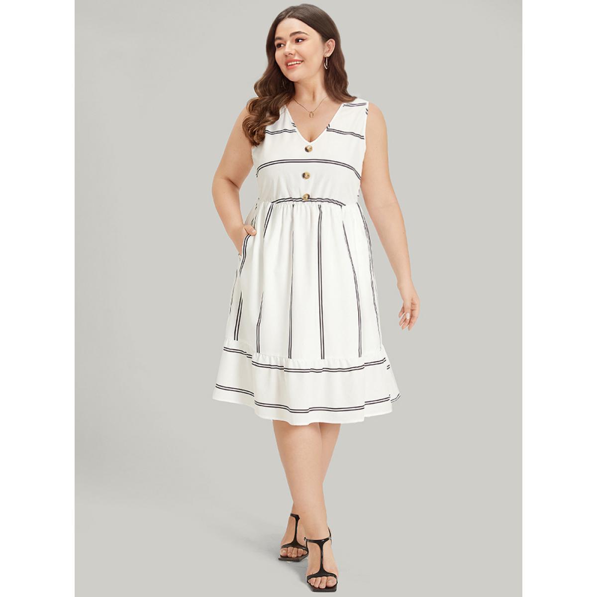 Plus Size Striped Pocket Button Detail Ruffle Elastic Waist Dress White Women Elegant Texture V-neck Sleeveless Curvy Knee Dress BloomChic 10/M Product Image