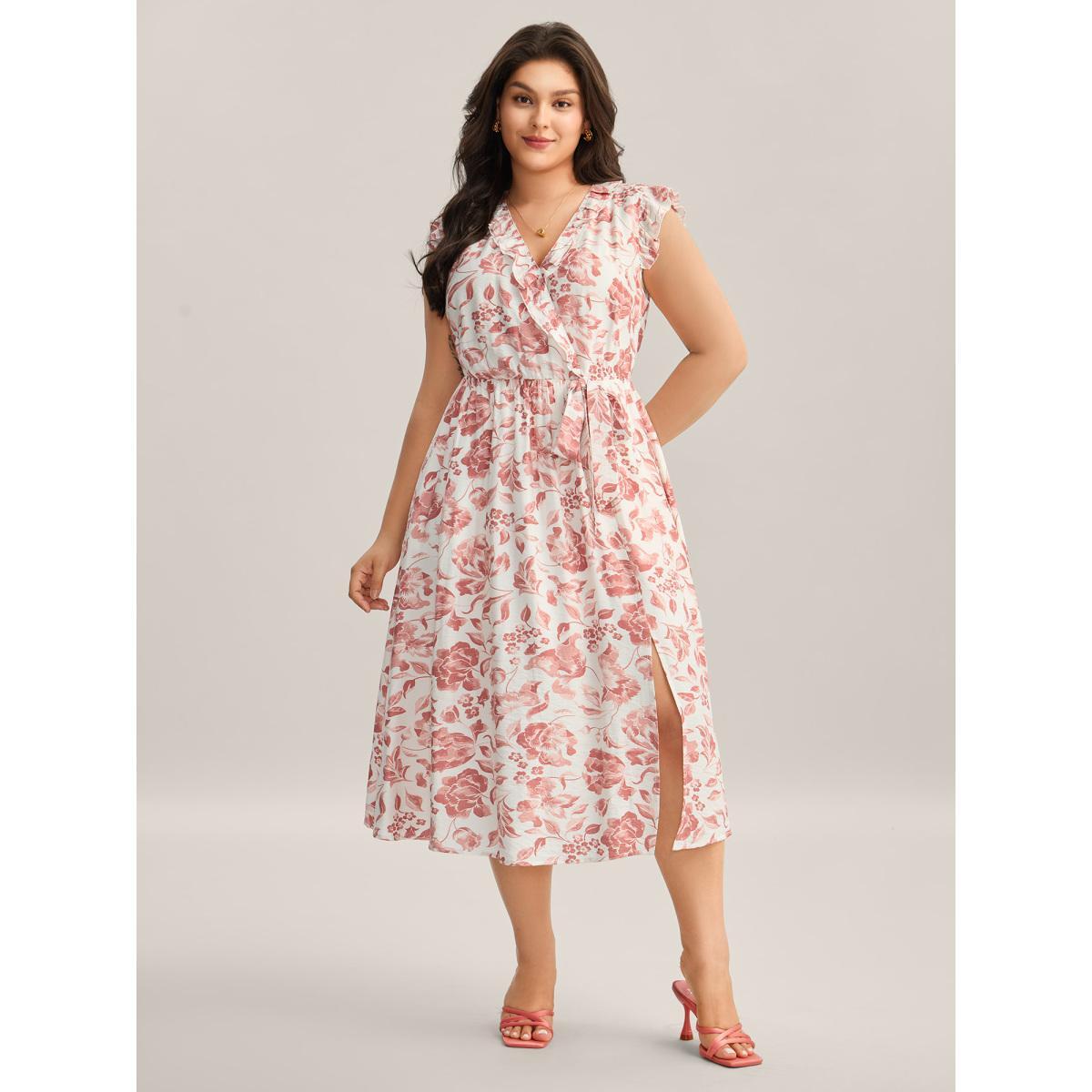 Plus Size Monochrome Floral Print Ruffled Midi Dress Rouge Women Overlap Collar Sleeveless Curvy BloomChic 12/L Product Image