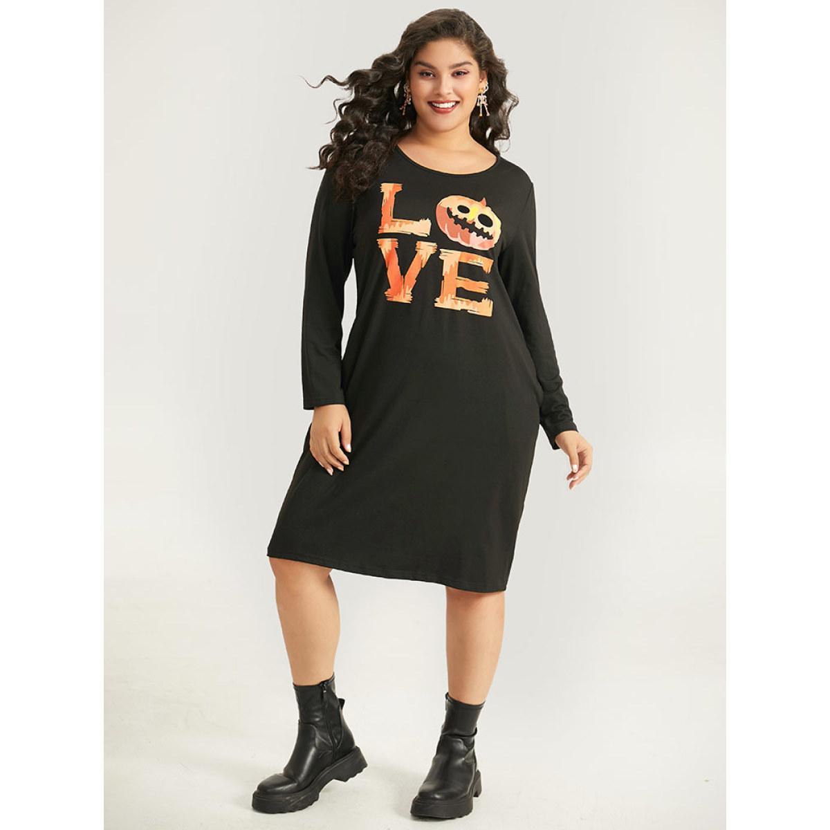 Plus Size Halloween Pumpkin & Letter Print Pocket Lace Panel Dress Black Women Casual Printed Curvy Midi Dress BloomChic 14-16/1X Product Image