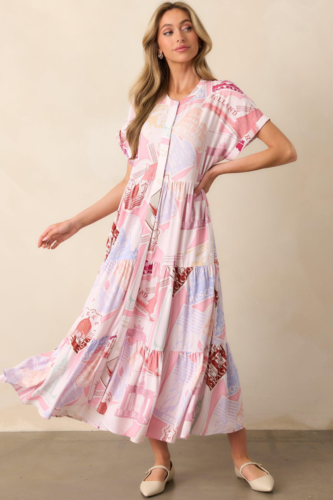 Mallory Passport Print Pink Midi Dress Product Image