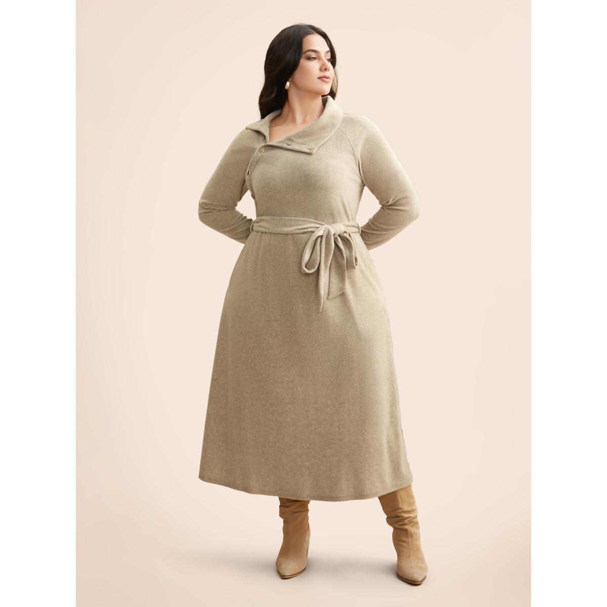 Plus Size Airy Cozy Button Bodice Placket Midi Dress LightBrown Women Casual Belted Knit Dresses Bloomchic 18-20/2X Product Image