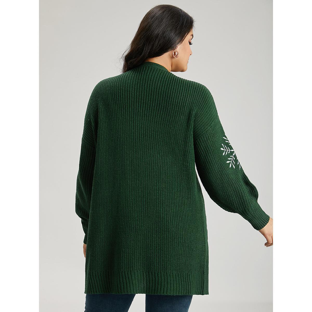 Plus Size Snowflake Embroidered Patched Pocket Cardigan DarkGreen Women Casual Loose Long Sleeve Festival-Christmas Cardigans BloomChic 10/M Product Image