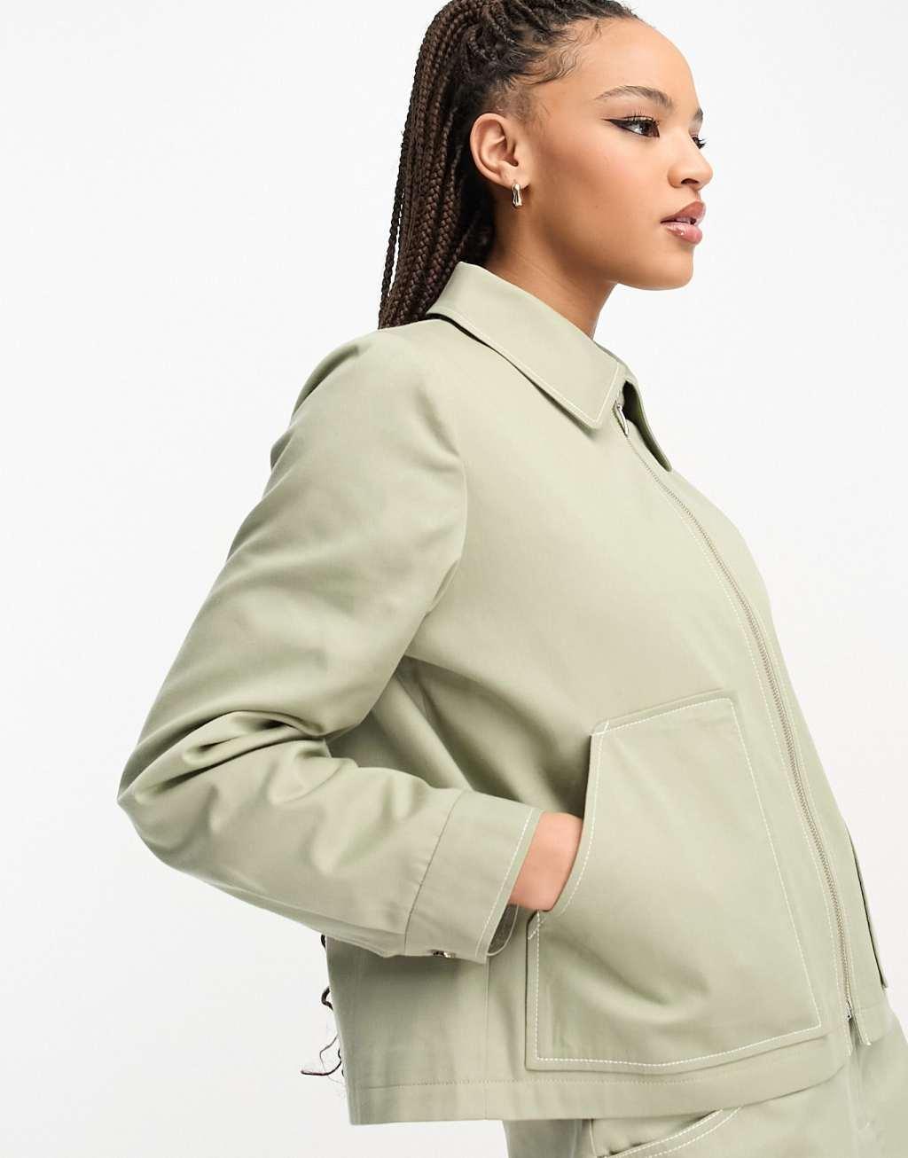 Miss Selfridge cargo utility zip front boxy jacket contrast stitching in khaki - part of a set  Product Image