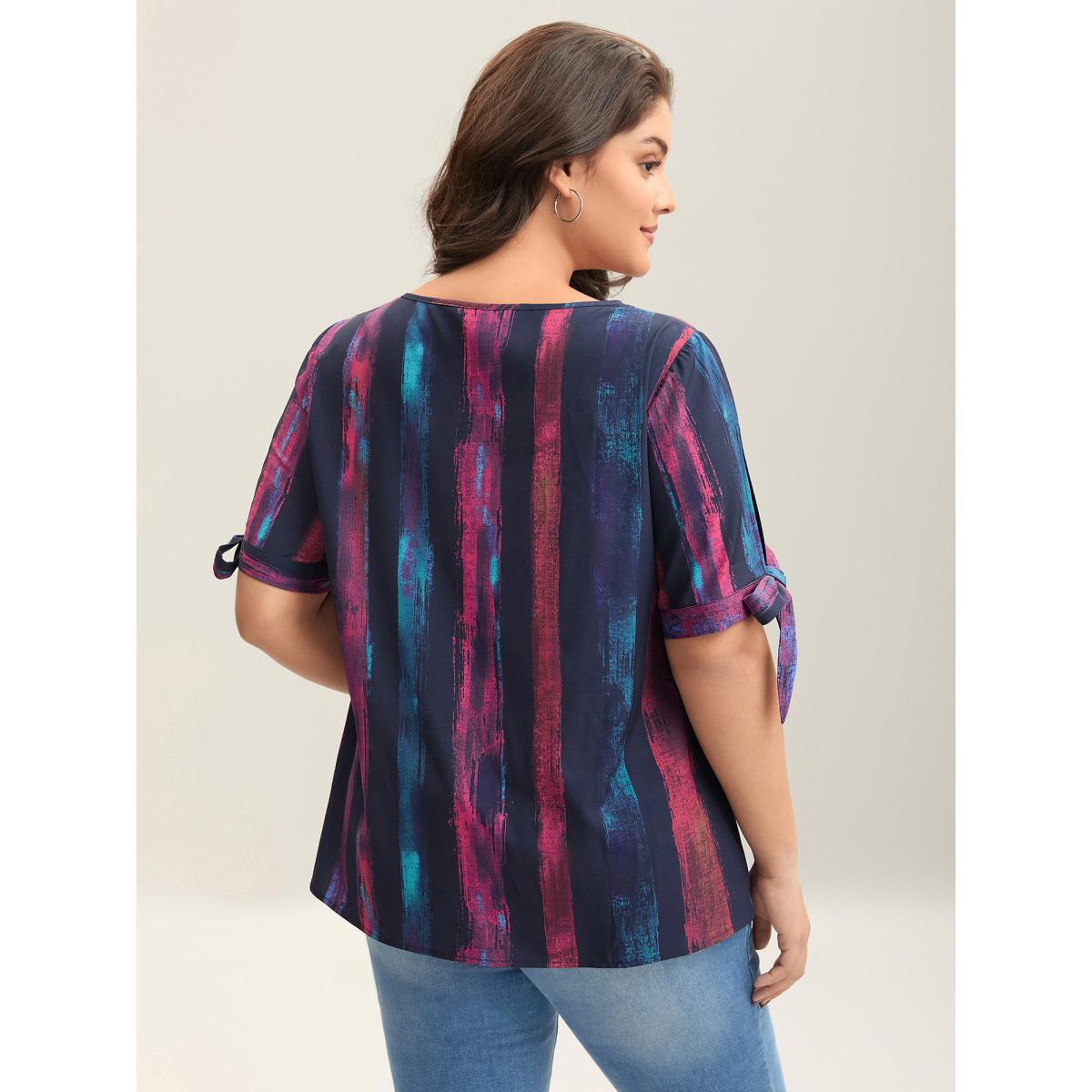 Plus Size Multicolor Irregular Stripes Sleeve Tie Blouse Women Short sleeve Round Neck Everyday-Casual Blouses BloomChic 22-24/3X Product Image
