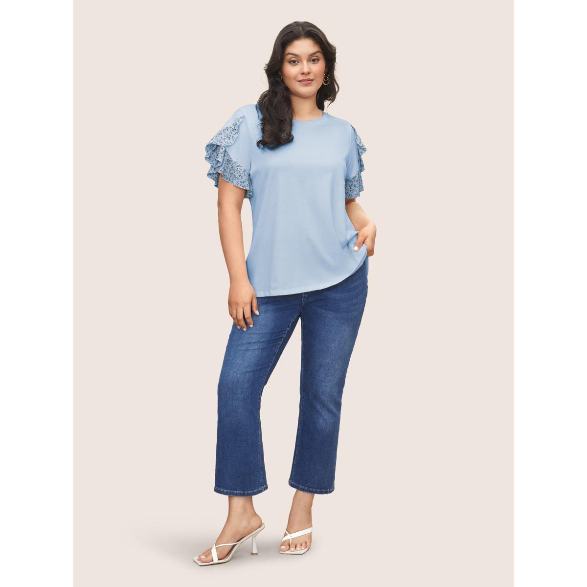 Plus Size Ditsy Floral Patchwork Petal Sleeve T-shirt LightBlue Women Elegant Patchwork Round Neck Everyday T-shirts BloomChic 22-24/3X Product Image