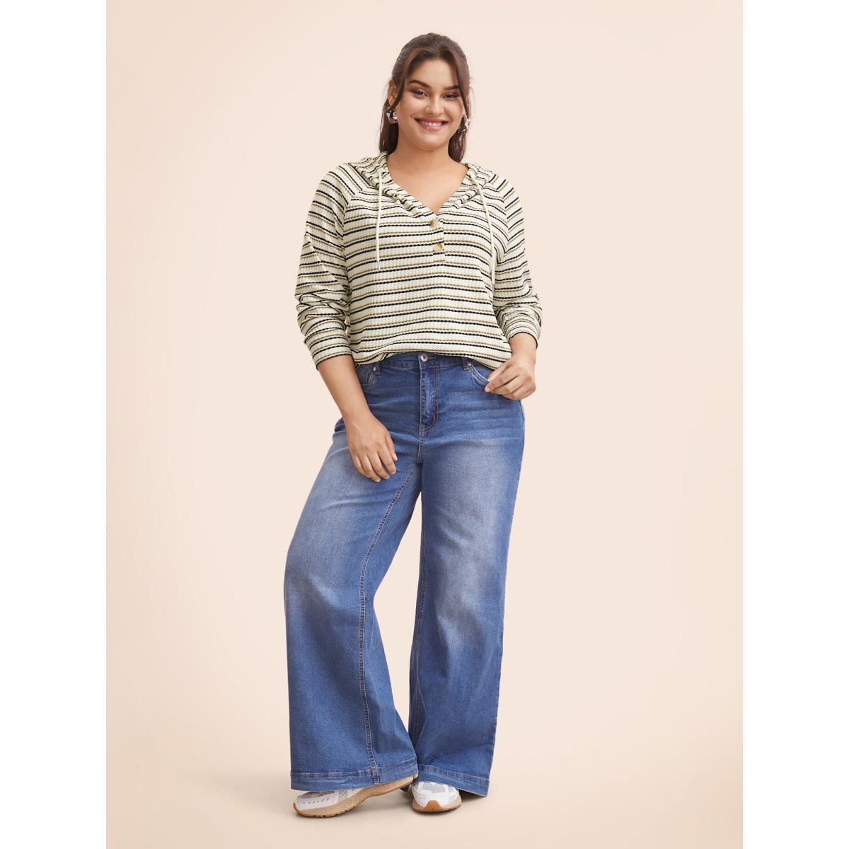 Plus Size Striped Texture Raglan Sleeve Hooded T-shirt Multicolor Women Casual Texture Hooded Everyday T-shirts BloomChic 10/M Product Image