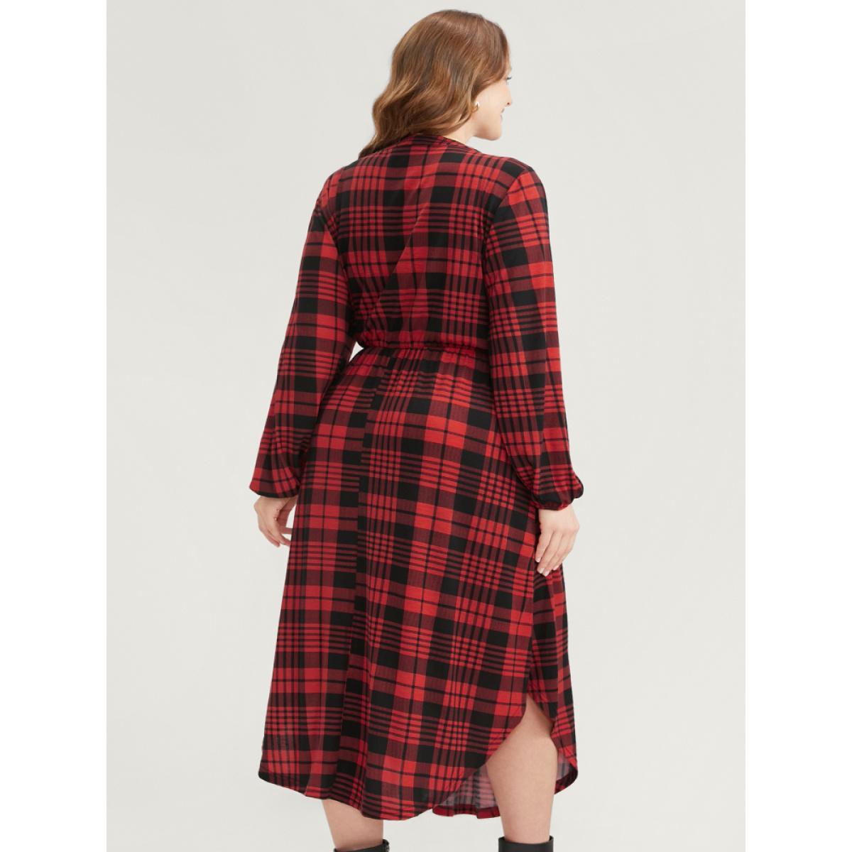 Plus Size Plaid Zip Up Lantern Sleeve Ties Arc Hem Dress Scarlet Women Casual Elastic Waist V-neck Long Sleeve Curvy Midi Dress BloomChic 18-20/2X Product Image