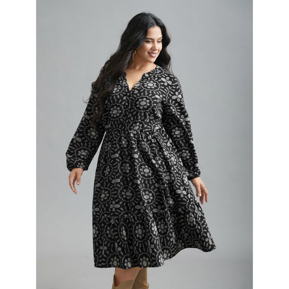 Plus Size Notched Collar Print Tiered Midi Dress Black Women Resort Non Flat collar with V-notch Elbow-length sleeve Curvy BloomChic 18-20/2X Product Image