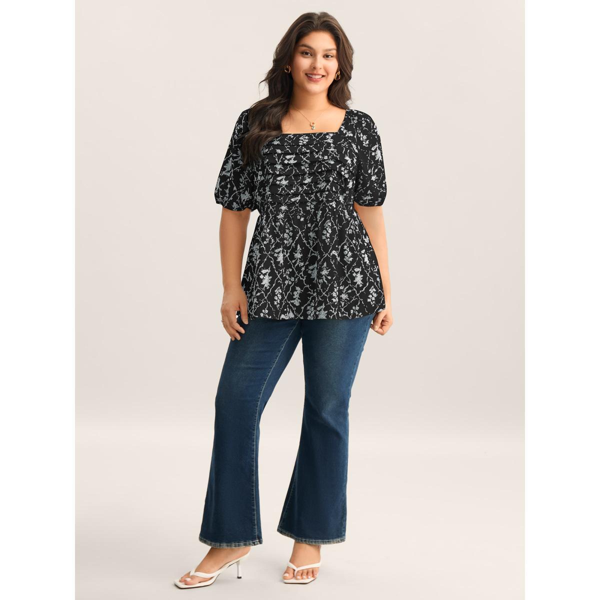Plus Size Black Floral Pleated Bodice Puffy Sleeve Blouse Women Half Sleeve Square Neck Everyday-Elegant Blouses BloomChic 14-16/1X Product Image