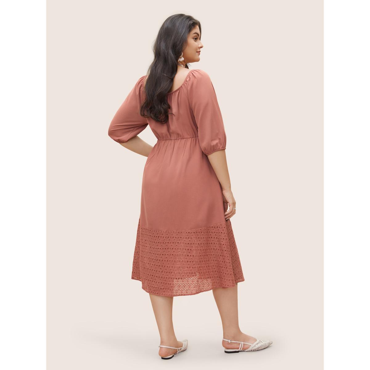 Plus Size Solid Square Neck Shirred Elastic Waist Cut Out Dress Rouge Women Resort Non Square Neck Elbow-length sleeve Curvy Midi Dress BloomChic 18-20/2X Product Image