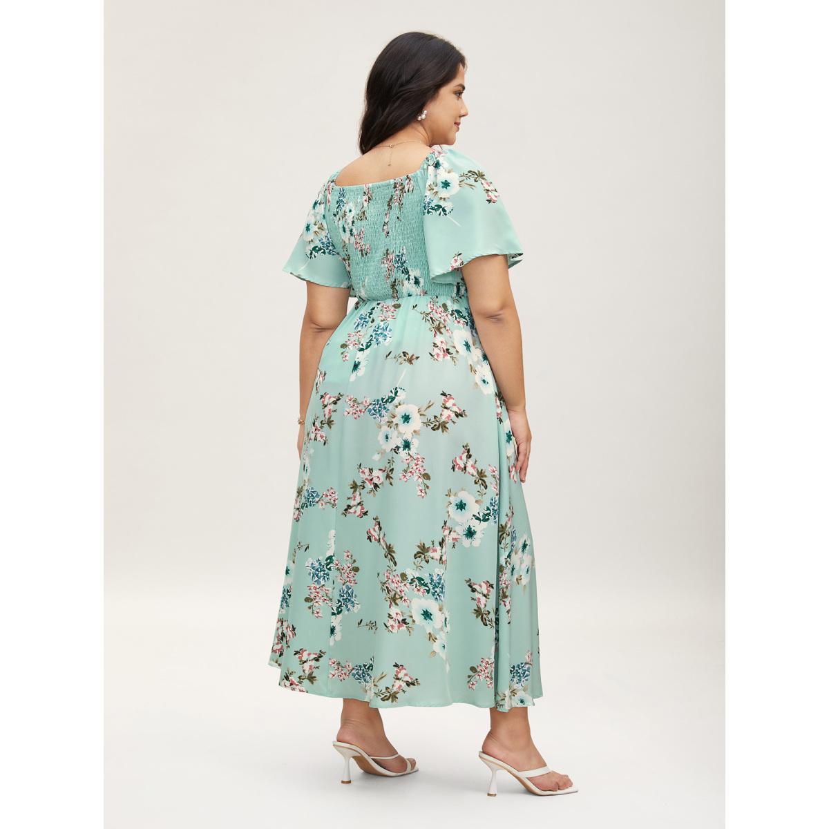 Plus Size Floral Square Neck Ruffles Pocket Shirred Split Dress Turquoise Women Elegant Non Square Neck Short sleeve Curvy BloomChic 10/M Product Image