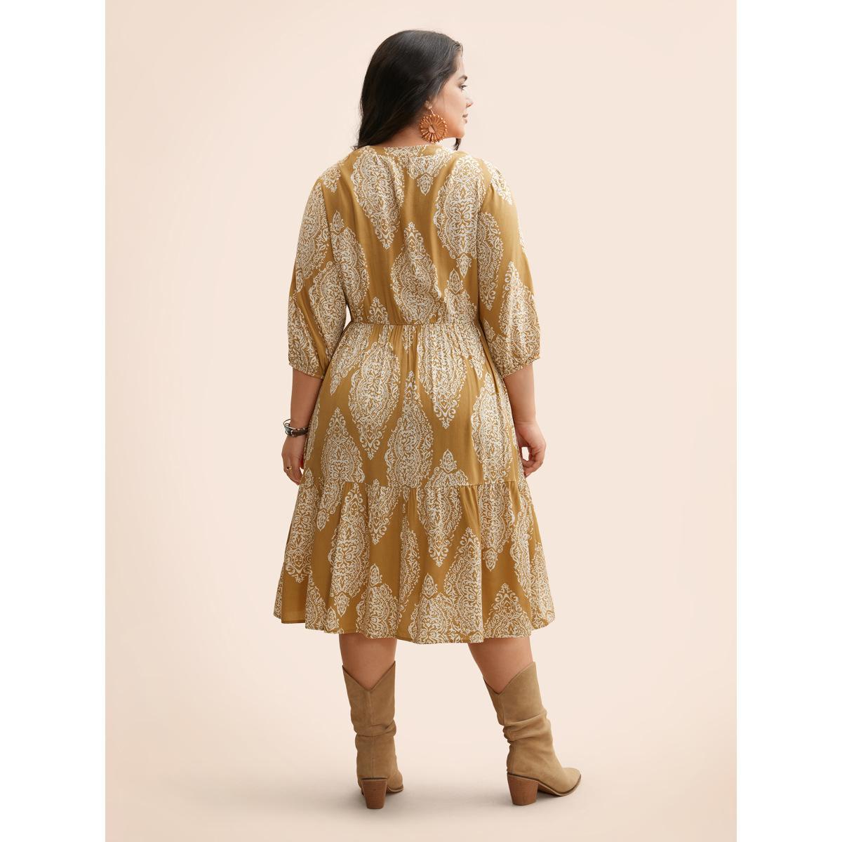 Plus Size Damask Print Tie Knot Puff Sleeve Dress Burgundy Women Resort Tie knot V-neck Elbow-length sleeve Curvy BloomChic 28/5X Product Image