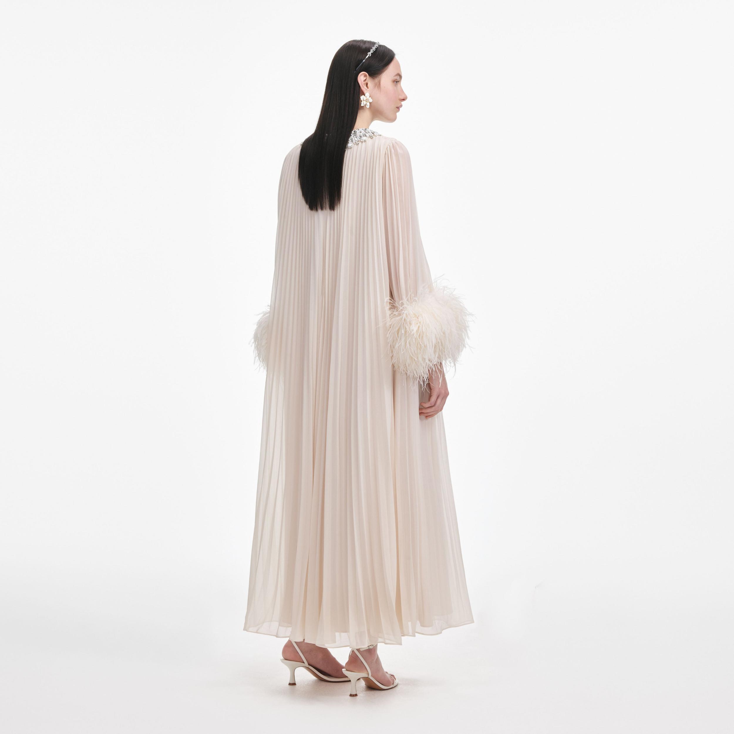 Cream Chiffon Feather Midi Dress Product Image