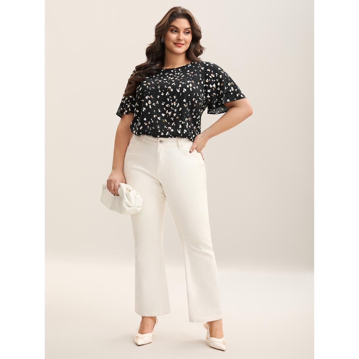 Plus Size Black Leopard Dot Print Layered Sleeve Blouse Women Short sleeve Round Neck Work Blouses BloomChic 18-20/2X Product Image