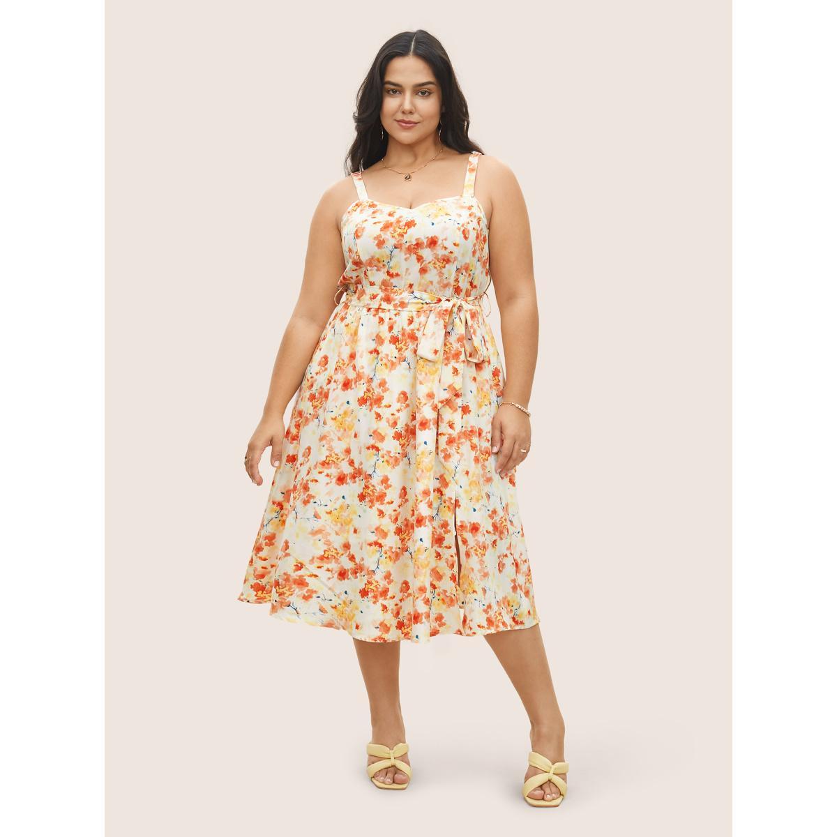 Plus Size Ditsy Floral Elastic Waist Belted Adjustable Straps Dress Coral Women Elegant Non Non Sleeveless Curvy Midi Dress BloomChic 14-16/1X Product Image
