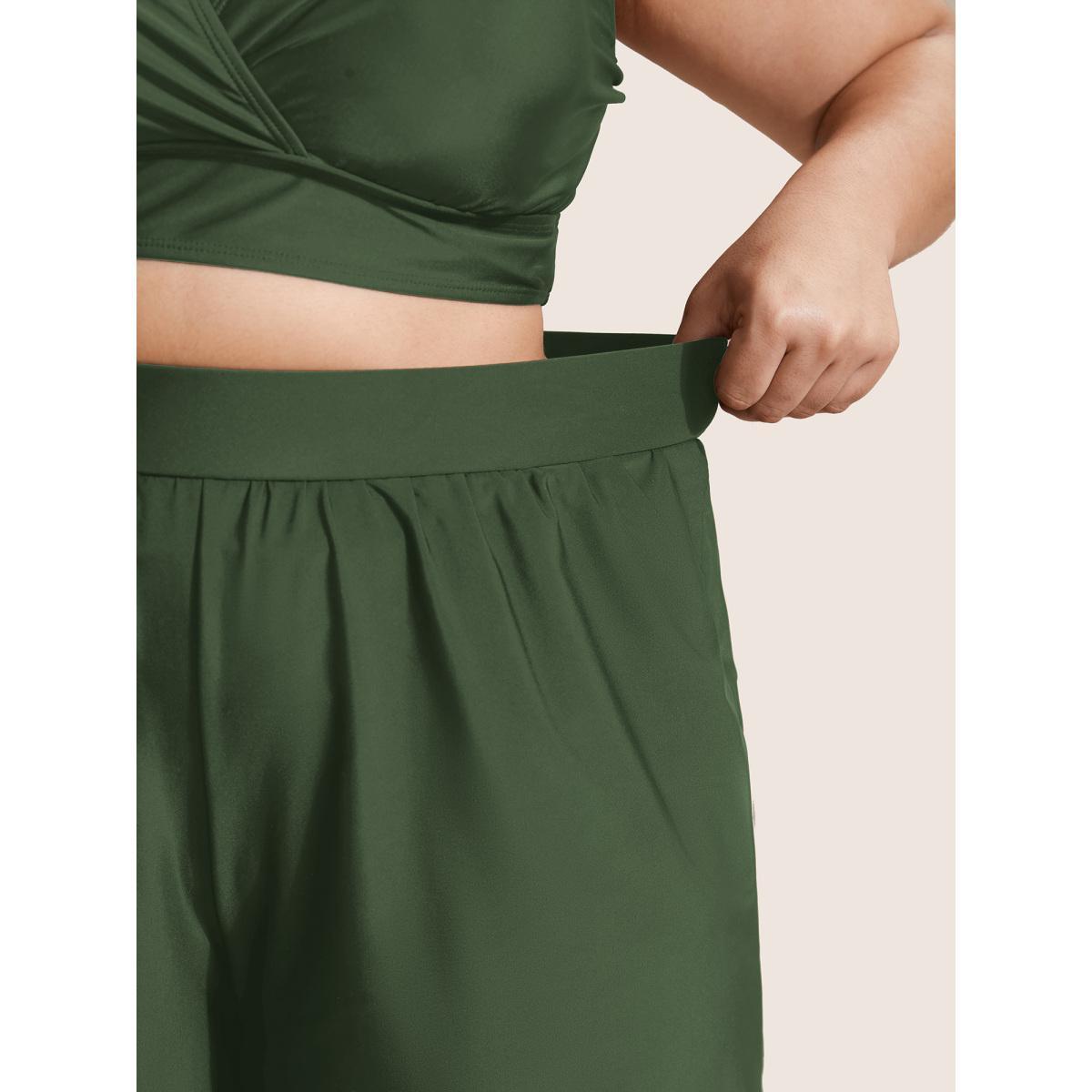 Plus Size High Waisted Pockets Solid Pleated Swim Bottom Women's Swimwear ArmyGreen Beach Gathered High stretch Bodycon High Rise Slanted pocket Curve Swim Bottoms BloomChic 30/6X Product Image