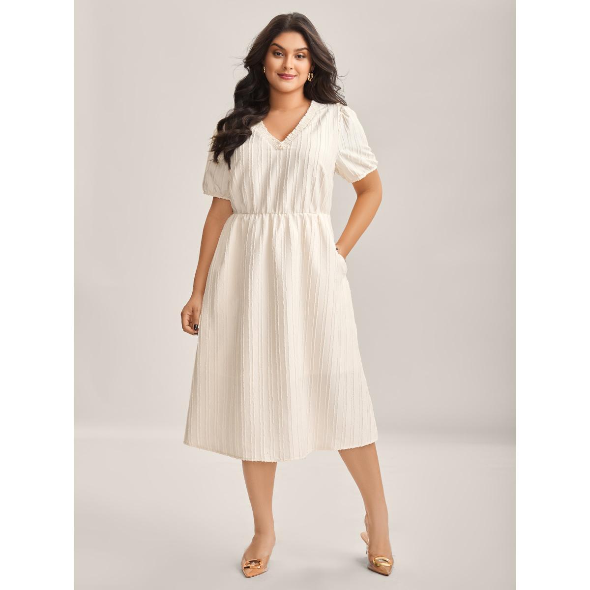 Plus Size Textured V-Neck Pockets Solid Midi Dress Ivory Women V-neck Short sleeve Curvy BloomChic 28/5X Product Image