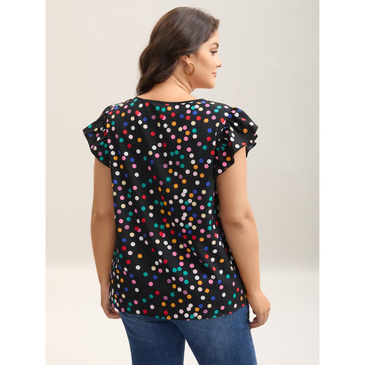 Plus Size Black Rayon Polka Dot Flutter Sleeve Blouse Women Resort Cap Sleeve Non Vacation Blouses BloomChic 26/4X Product Image