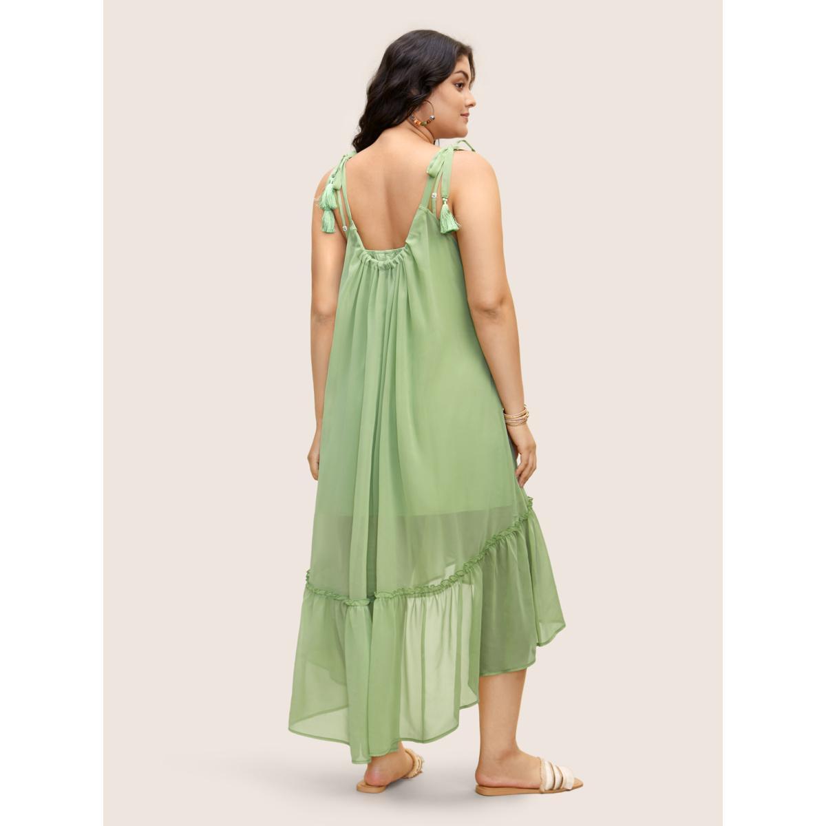Plus Size Solid Ruffles Tie Knot Tassel Trim Mesh Dress Palemauve Women Resort Tie knot Non Sleeveless Curvy BloomChic 28/5X Product Image