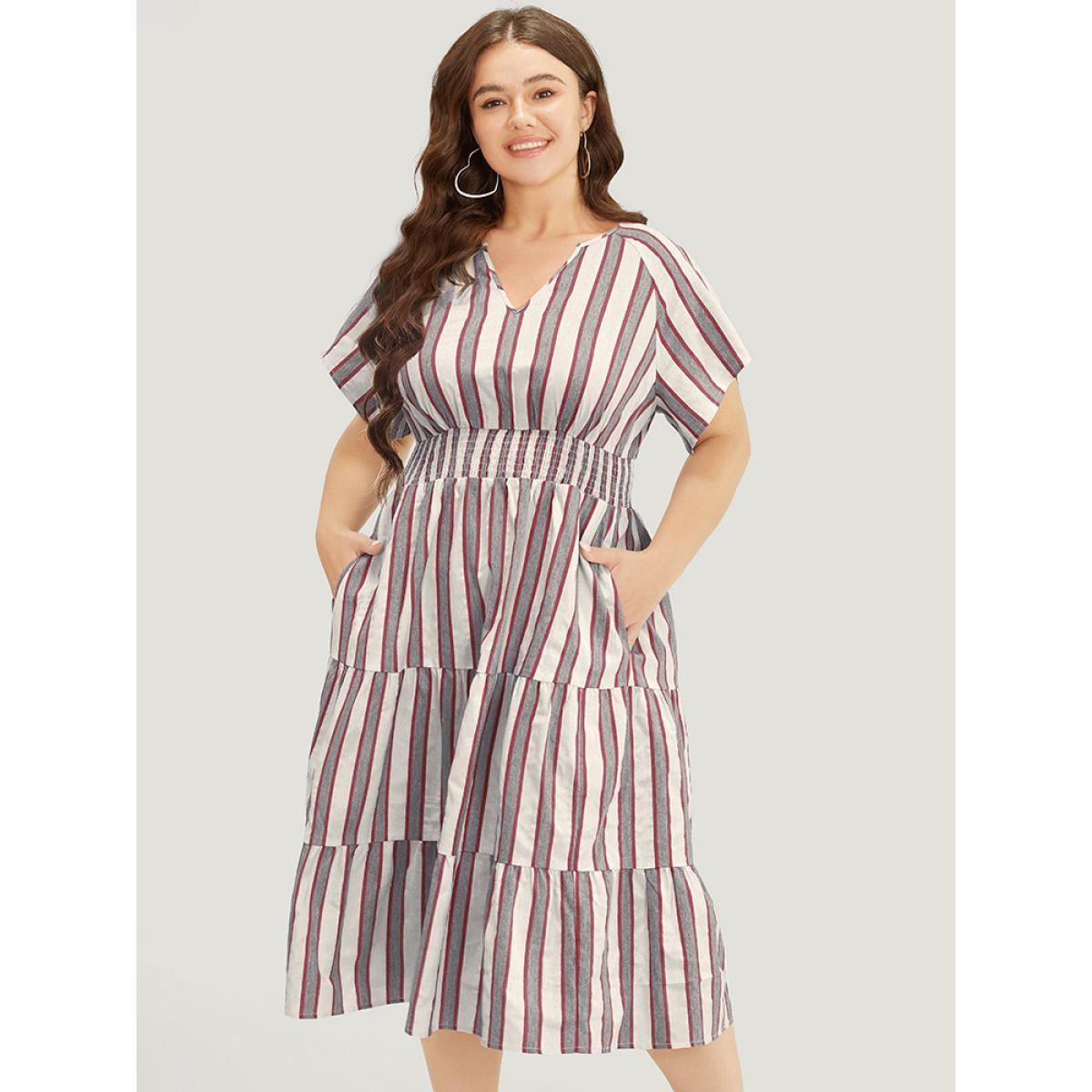 Plus Size Striped Contrast Pocket Shirred Flutter Tiered Dress Burgundy Women Resort Non V-neck Short sleeve Curvy Midi Dress BloomChic 10/M Product Image
