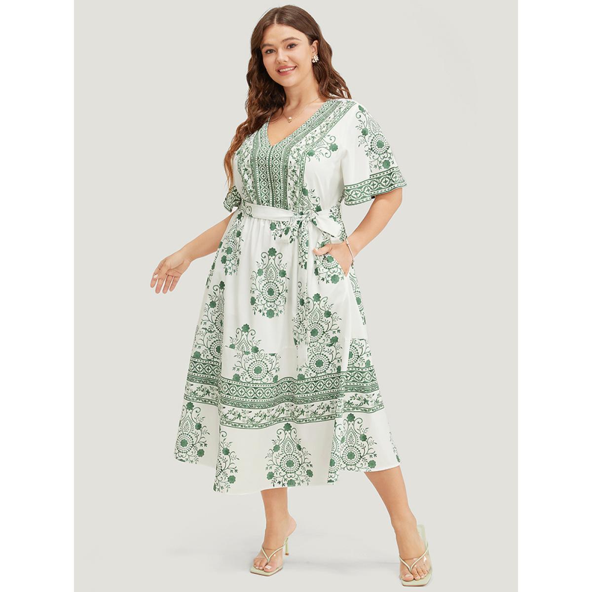 Plus Size Bandana Print Ruffle Sleeve Pocket Belted Midi Dress Green Women Vacation Lined V-neck Short sleeve Curvy Midi Dress BloomChic 26/4X Product Image