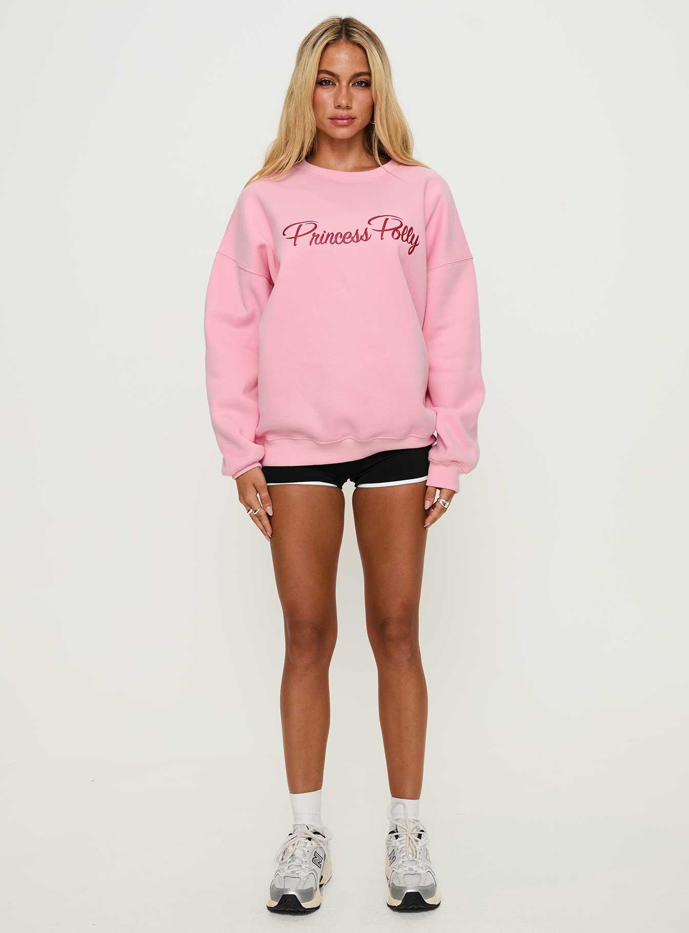 Princess Polly Classic Crew Neck Sweatshirt Bubble Text Pink Product Image