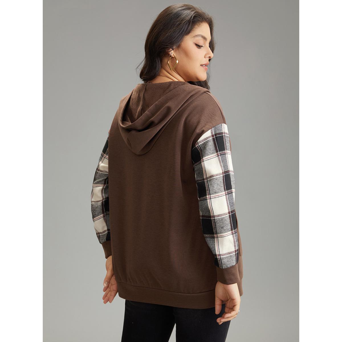 Plus Size Plaid Patchwork Half Zip Pocket Hooded Sweatshirt Women DarkBrown Casual Zipper Hooded Everyday Sweatshirts BloomChic 26/4X Product Image