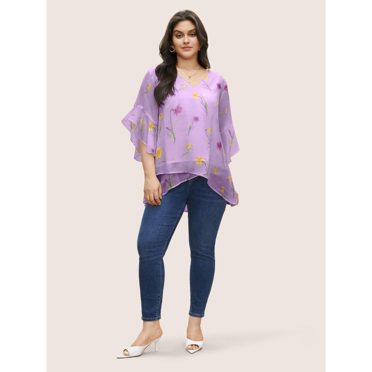 Plus Size Heather Floral Tiered Mesh Asymmetrical Hem Blouse Women Elegant Everyday Blouses BloomChic 14-16/1X Product Image