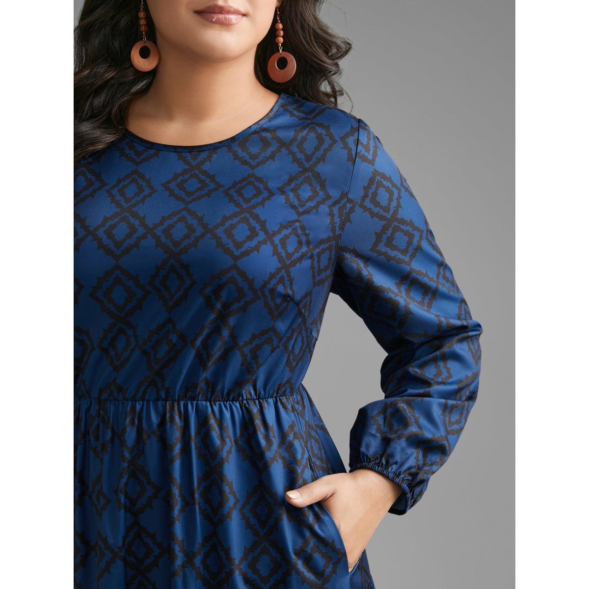 Plus Size Bandana Geometric Ruffle Layered Hem Dress Indigo Women Resort Non Round Neck Long Sleeve Curvy BloomChic 26/4X Product Image