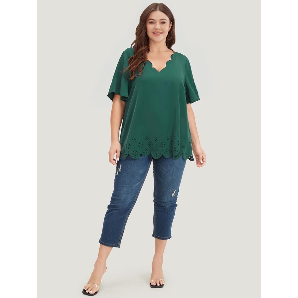 Plus Size DarkGreen Solid Scalloped Trim Laser Cut Ruffle Sleeve Blouse Women Elegant Short sleeve V-neck Dailywear Blouses BloomChic 12/L Product Image