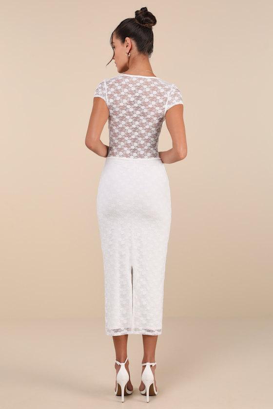 Flirtatious Presence White Sheer Lace Bustier Midi Dress Product Image
