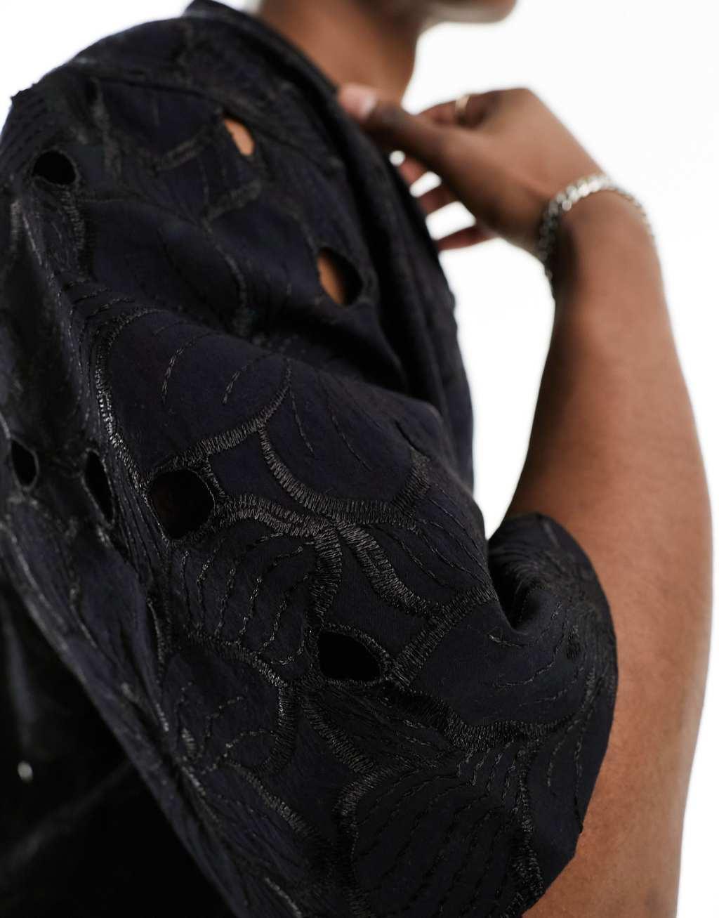 ASOS DESIGN oversized revere collar floral embroidered shirt Product Image
