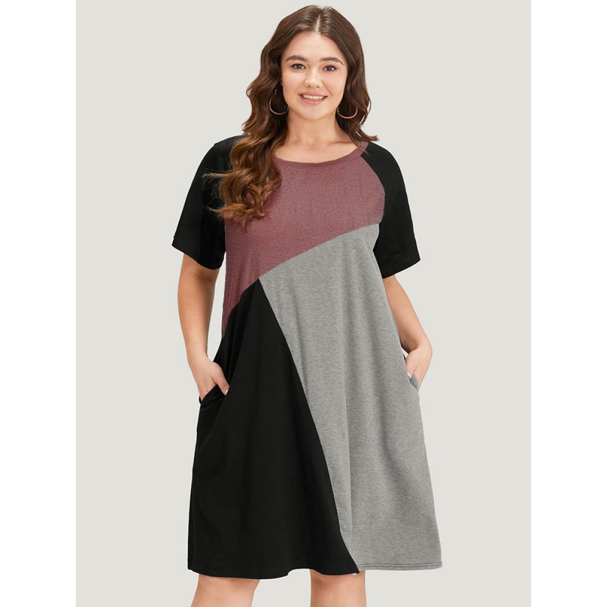 Plus Size Supersoft Essentials Colorblock Contrast Round Neck Raglan Sleeve Dress Russet Women Casual Patchwork Round Neck Short sleeve Curvy Midi Dress BloomChic 22-24/3X Product Image