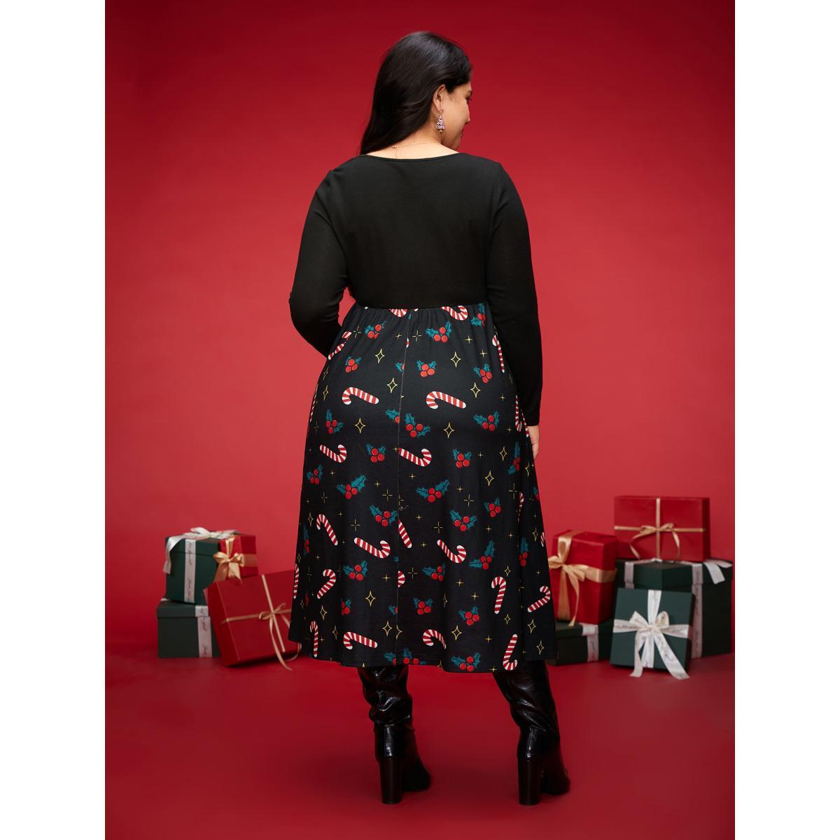 Plus Size Festive Knit Printed Skirt Midi Dress Black Women Elegant Patchwork Party Curvy Bloomchic 22-24/3X Product Image