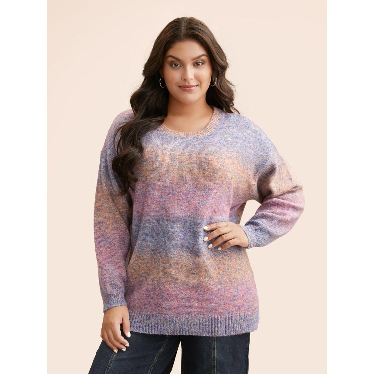 Plus Size Gradient Dyeing Round Neck Slit Hem Pullover Multicolor Women Casual Loose Long Sleeve Round Neck Everyday Pullovers BloomChic 12/L Product Image