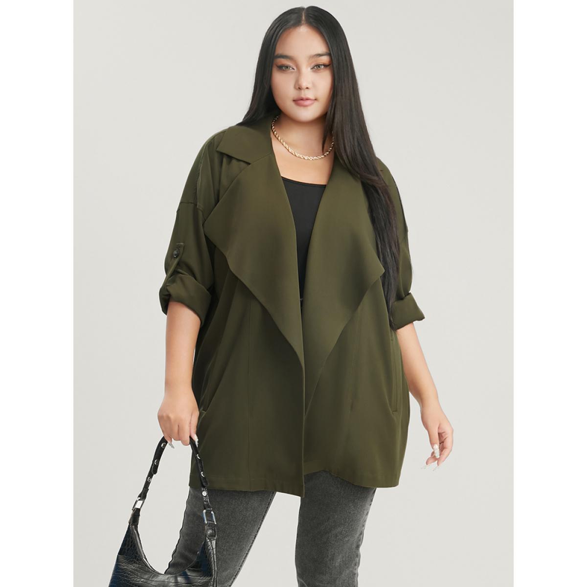 Plus Size Solid Pocket Roll Sleeve Waterfall Collar Coat Women ArmyGreen Casual Pocket Ladies Dailywear Winter Coats BloomChic 18-20/2X Product Image