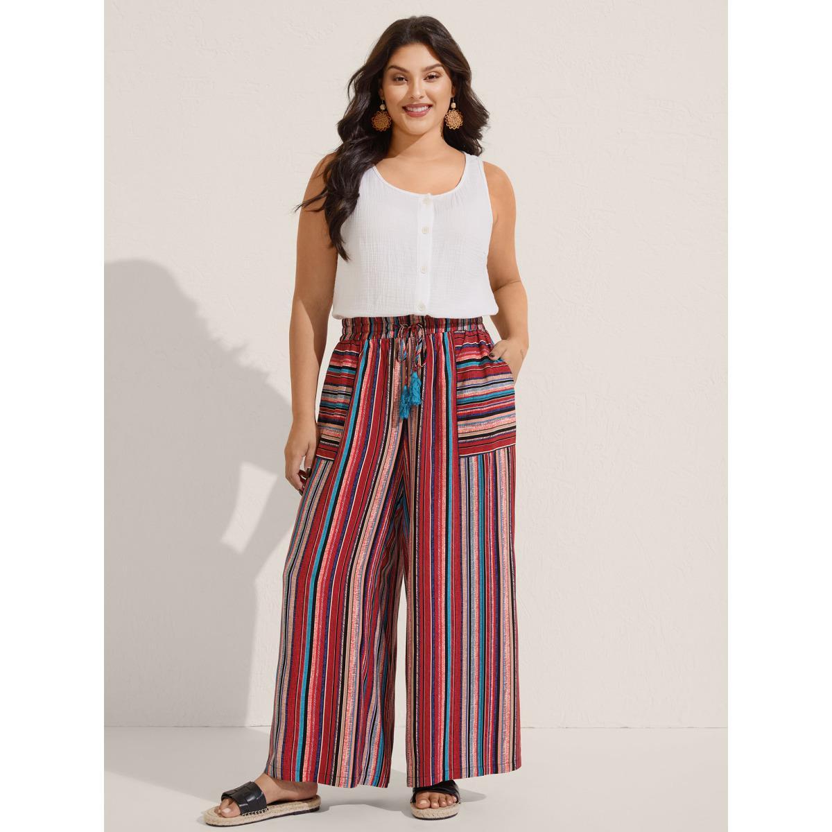 Plus Size Boho Stripes Drawstring Wide-Leg Pants Women Crimson Resort Wide Leg Mid Rise Vacation Pants BloomChic 30/6X Product Image