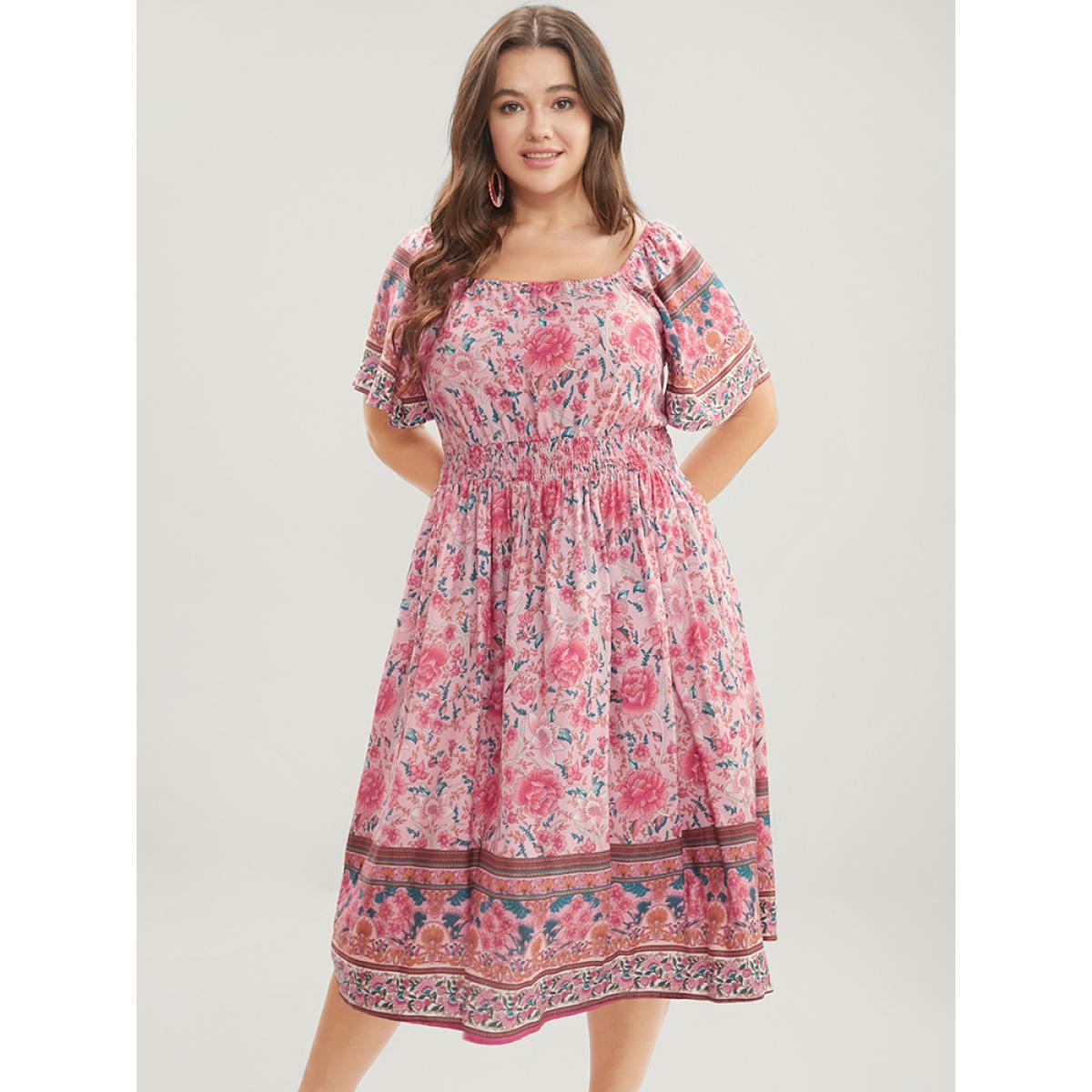Plus Size Bandana Print Square Neck Pocket Ruffles Shirred Dress Pink Women Vacation Pocket Square Neck Short sleeve Curvy Knee Dress BloomChic 28/5X Product Image