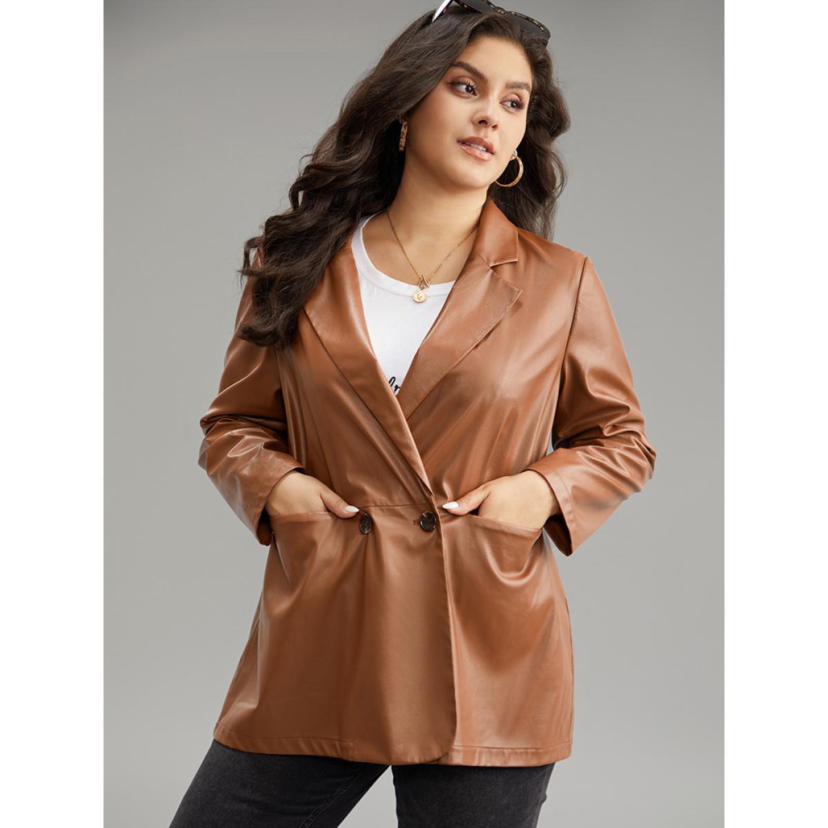 Plus Size Lapel Collar Pocket Button Up Blazer Tan Women Dailywear Plain Plain Sleeve Long Sleeve Lapel Collar 26/4X Pocket Casual Blazers BloomChic Product Image